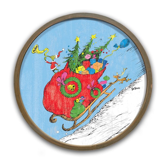 20" The Grinch Riding in Sled Round White Framed Print